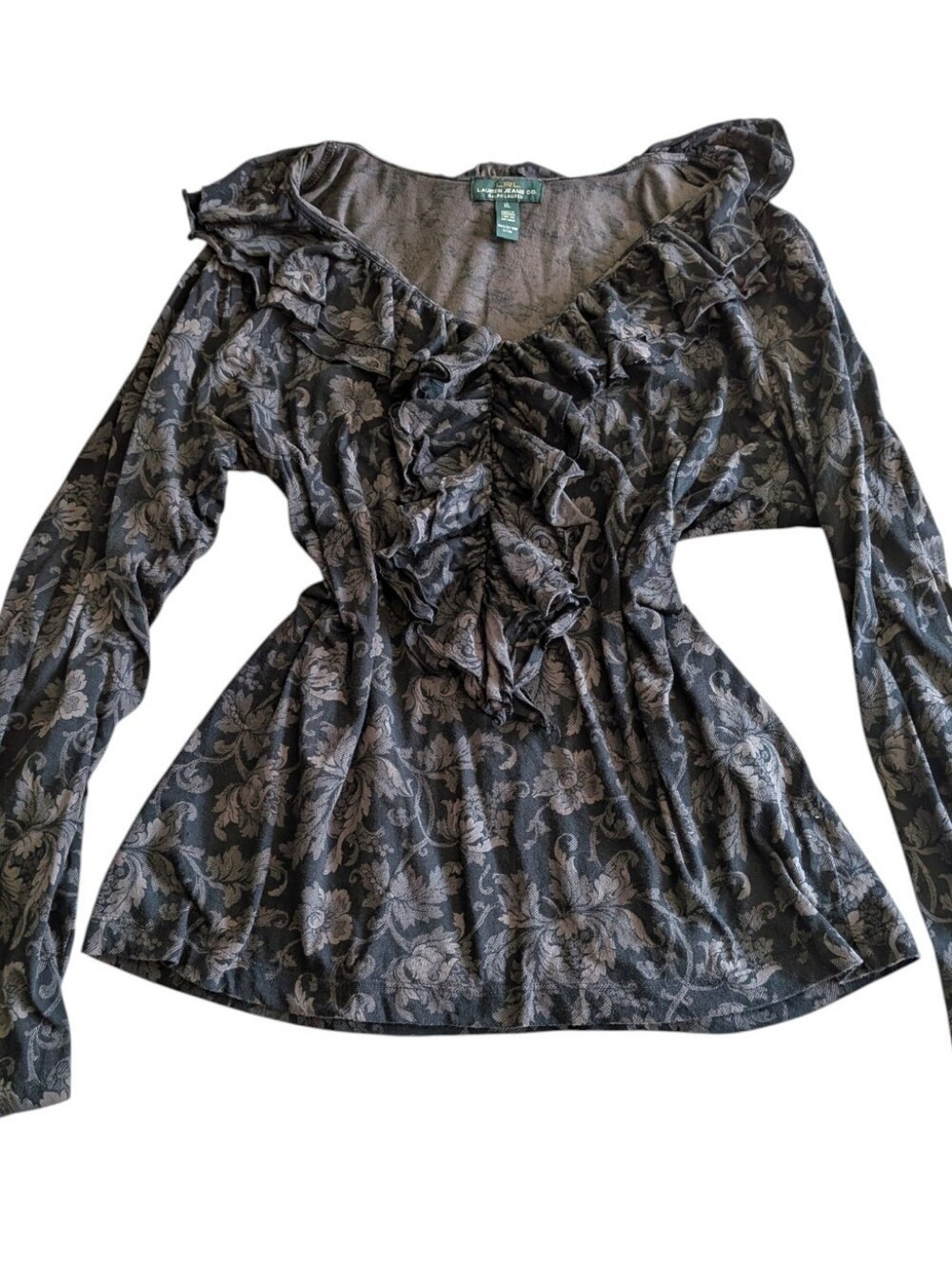 VTG Lauren Ralph Lauren Whimsigoth Ruffle Front Damask Floral Cotton Top XL Dark
